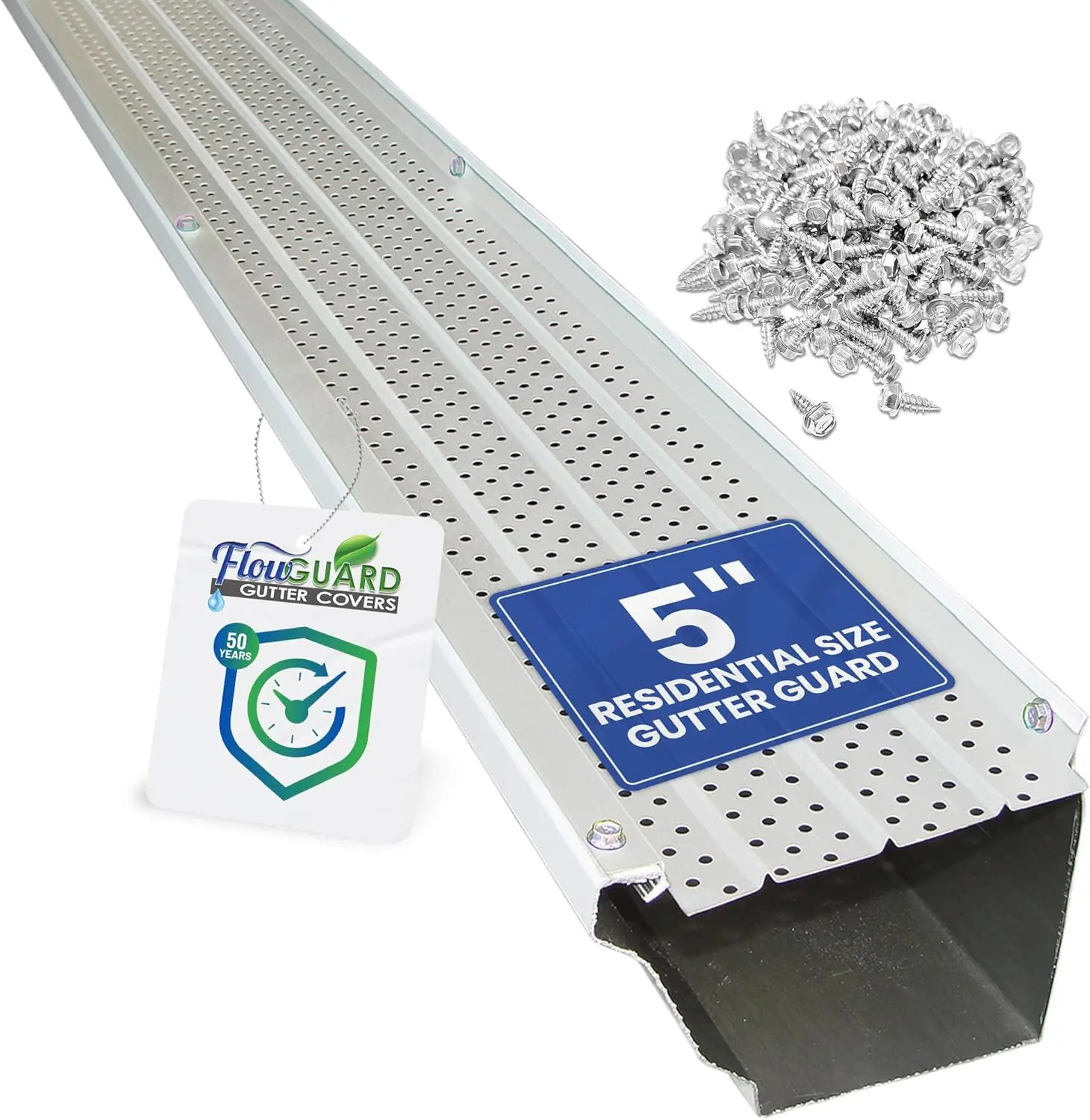 Premium 50-Year Gutter Cover System - White - 5 Inch Aluminum Gutter Guards, 204 Feet