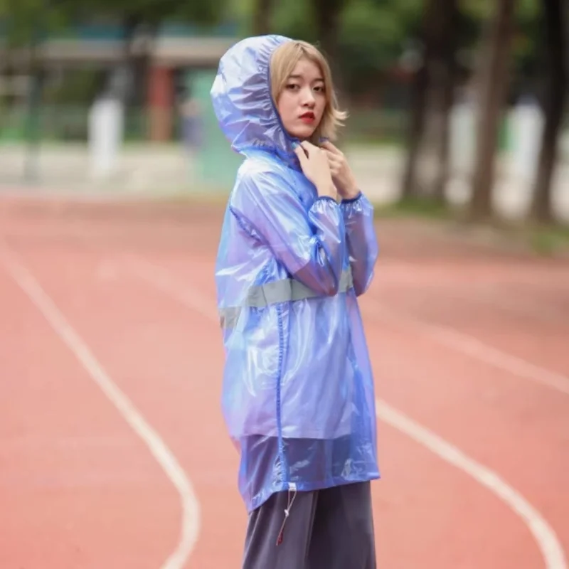 

Мужские и женские прозрачные топы из ТПУ с длинными рукавами и светоотражающими полосками на молнии с капюшоном, непромокаемая куртка, пальто, пара спортивных костюмов на открытом воздухе