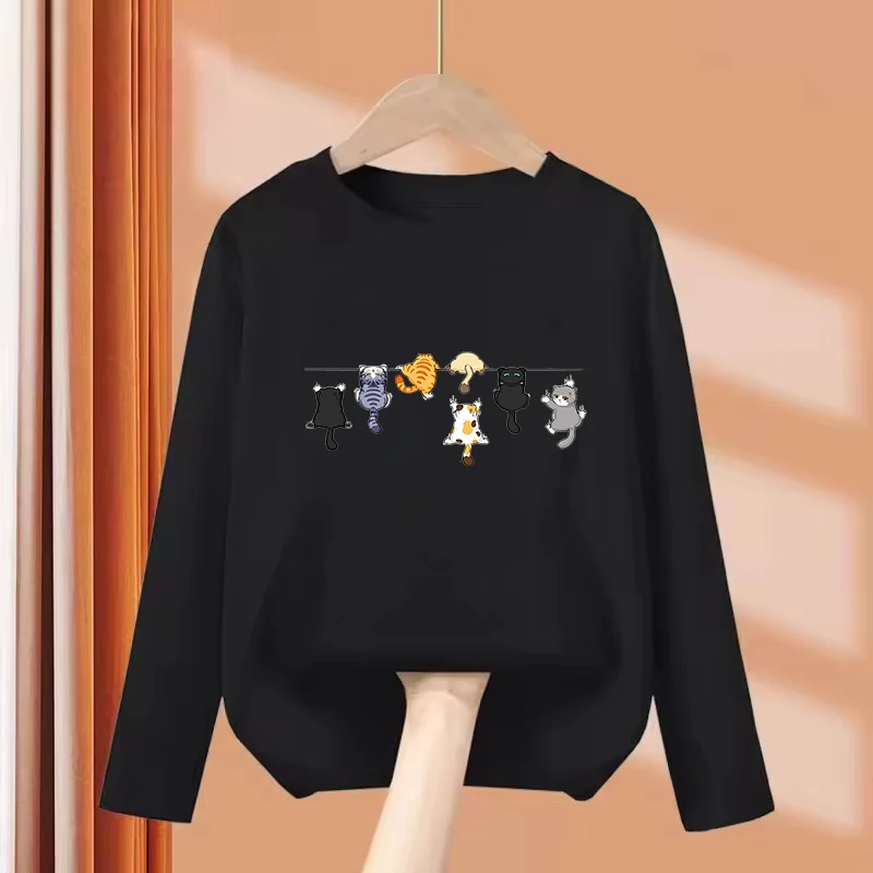 Long Sleeve Climbing Cat Trendy Print T Shirts Short Sleeve Kids Children's T-shirt Boys Girls Summer Spring Casual Top Tee
