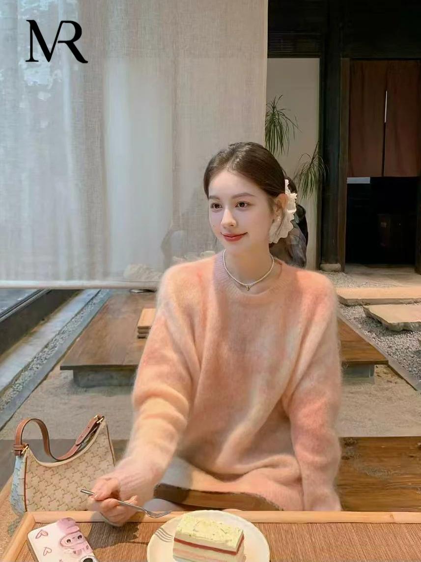 

Miusi Lazy Aosphere adient ey Mist round Ne Wide Sve Soft Cozy Camere Women's Sweater Autumn Faion ZhanDye