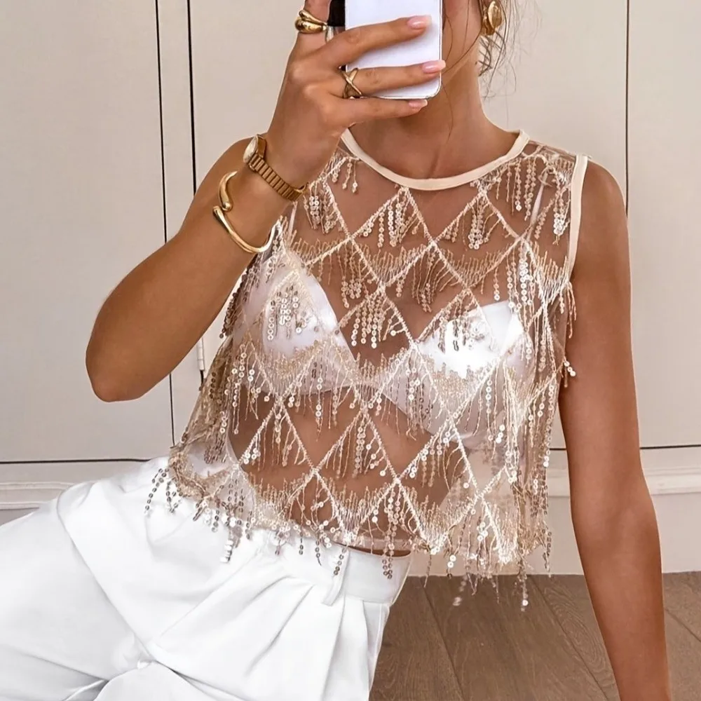 Casual Fringe Sequin Vest Tops Mesh Loose Fit Crop Top Sleeveless Embroidery Sheer Camisole Hot Grils