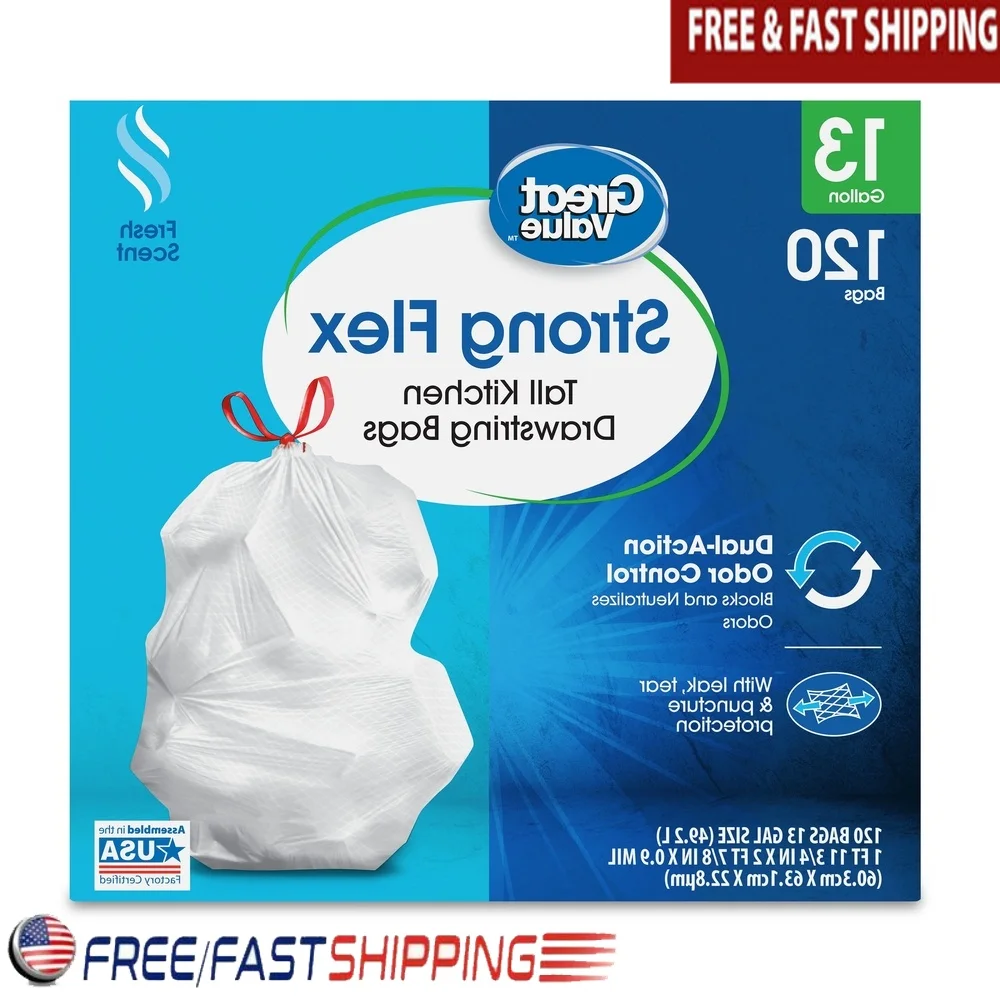 

Strong Flex, 13 галлонов, высокие кухонные мешки для мусора, шнурок, свежий хлопок, нейтрализатор запаха, устойчивый к утечке, 120 шт.