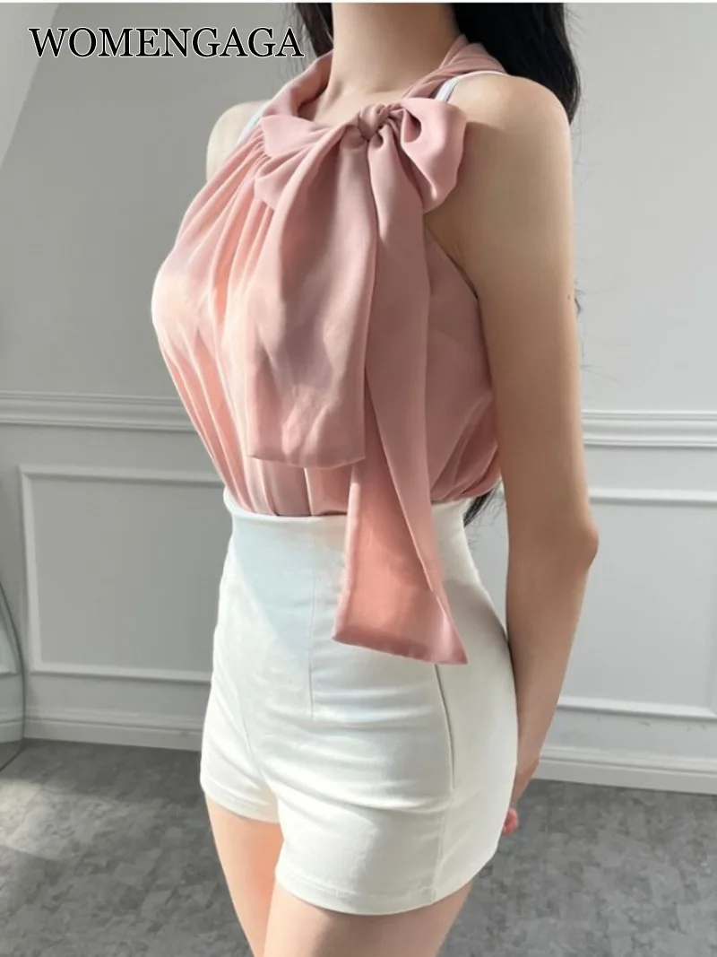 WOMENGAGA Cool Summer White Ruffled Tops Sexy Ribbon Bow Collar Thin Slim Sleeveless Chiffon Shirt Sweet Blouse Top 9XYC