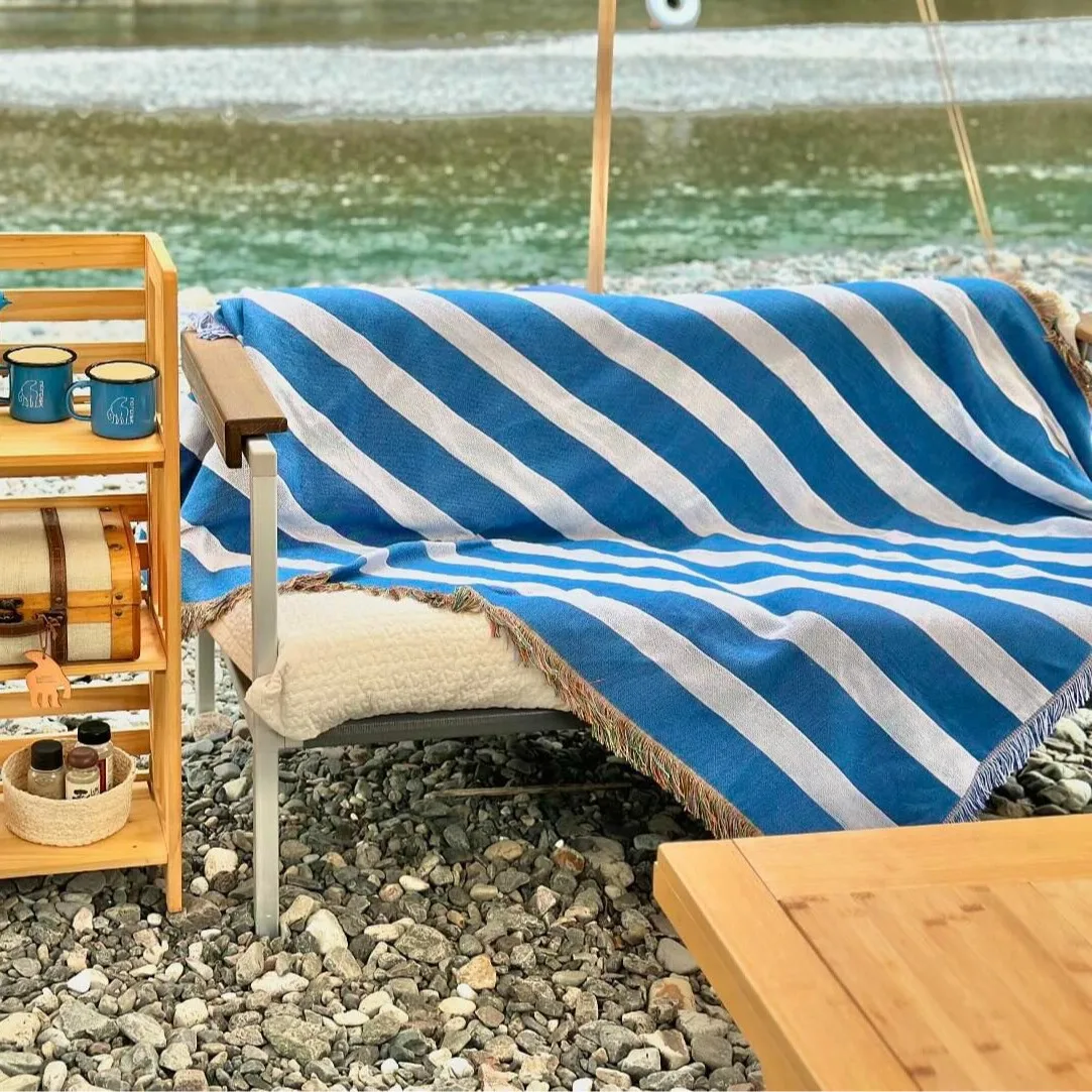 

130x160cm Navy Blue Stripe Tapestry Mediterranean Seaside Resort Style Single Blanket Sandscarf Casual Blanket Home Decoration