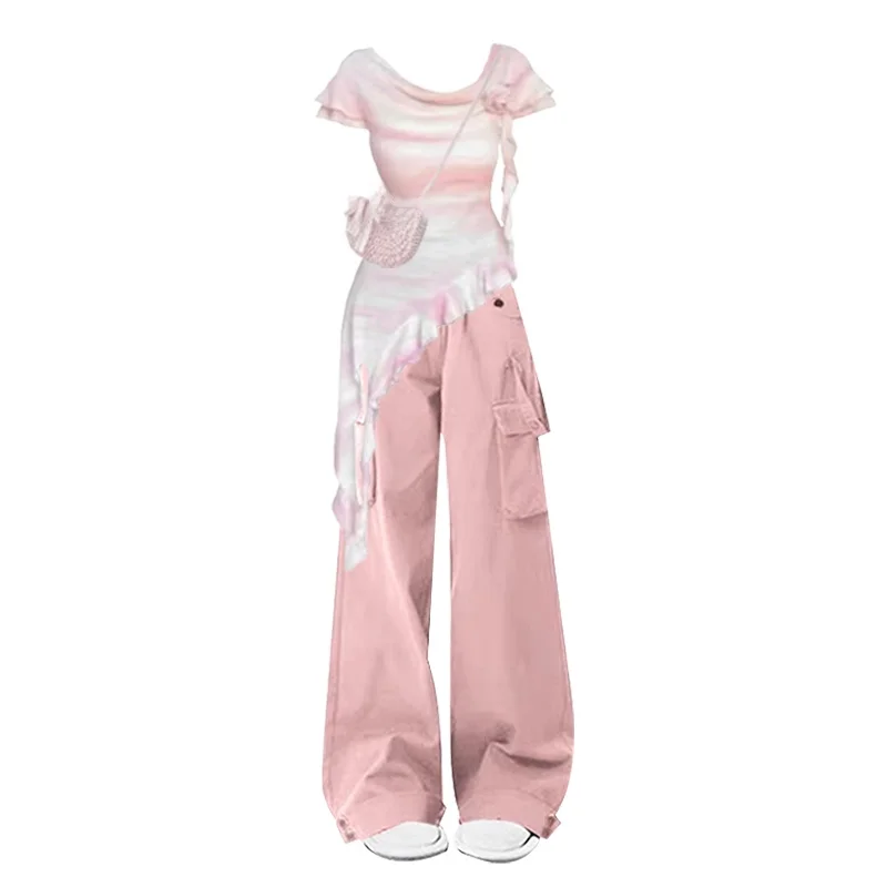 Korean Sle Summer Outfit Women's Dopane Irregular ort Sve T-irt Pink Workwear Pants Two-Piece Set Faionable Casual