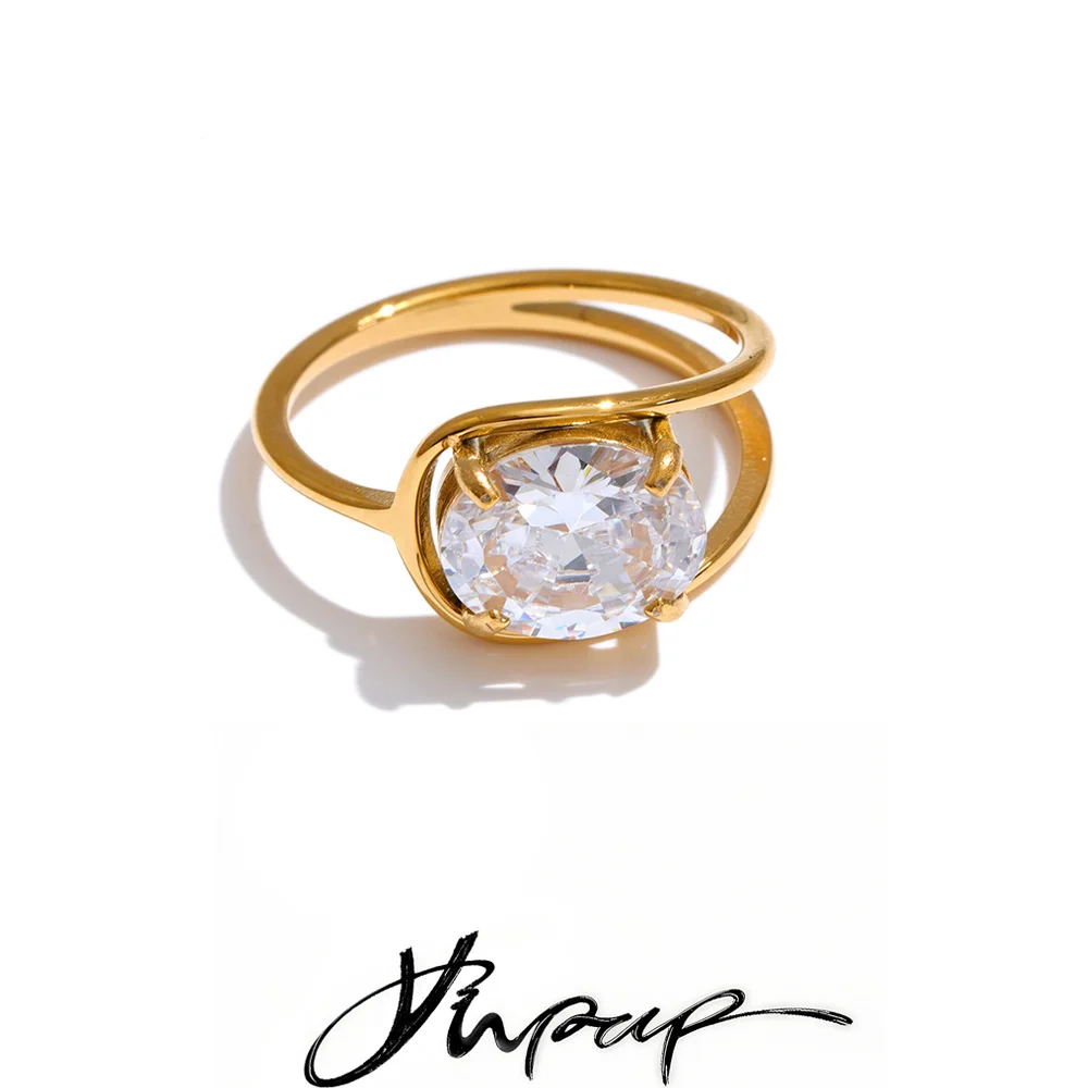 Yhpup Size 678 AAA Bling Cubic Zirconia Gold Color Ring for Women Stainless Steel Fashion Aesthetic Jewelry PVD Plated Wholesale