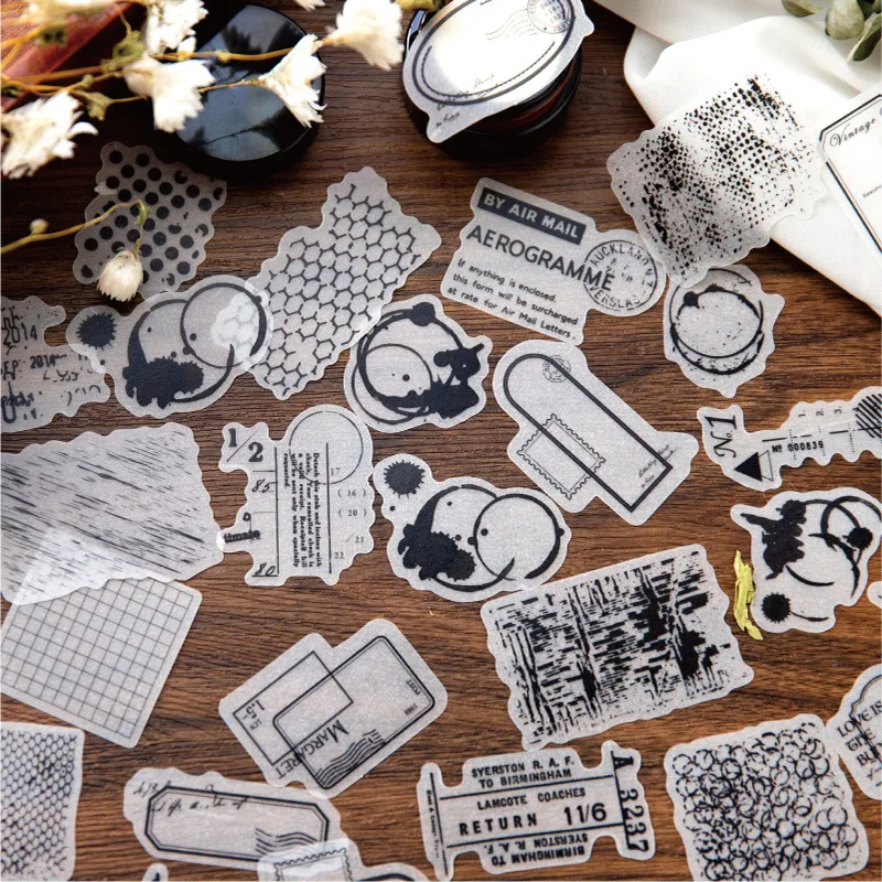 40pcs Vintage Black White Label Stickers Pack Junk Journal Ephemera Decorative Stickers Aesthetic Album Scrapbooking Supplies