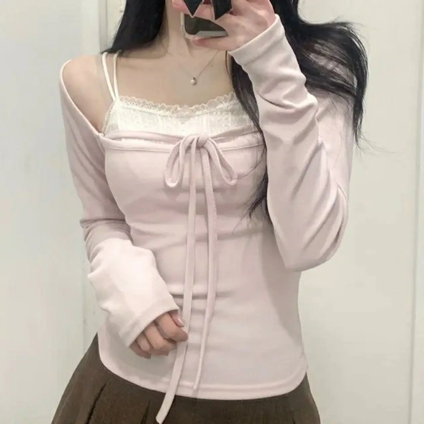 Sweet Lolita French Lace Blouse Women Two Piece Bowk Ribbon Tie Off Shoulder Slim Fit Cute Kawaii Harajuku Fashion Outfit