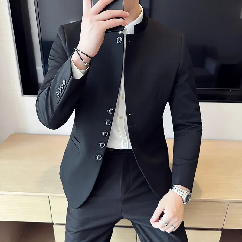 High-quality New Chinese Style Men\'s Suit Standing Collar Slim Fit Classic（Blazer+Pants）Solid Color Black 2 Pcs Wedding Dress