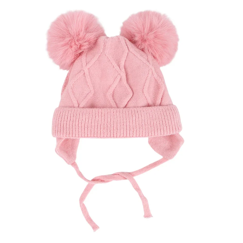 Neue Herbst Winter Doppel Ball Gestrickte Baby Hut für Mädchen Jungen Baby Straps Motorhaube mit Ohrenschützer Outdoor Kinder Ohr Schutz Hut