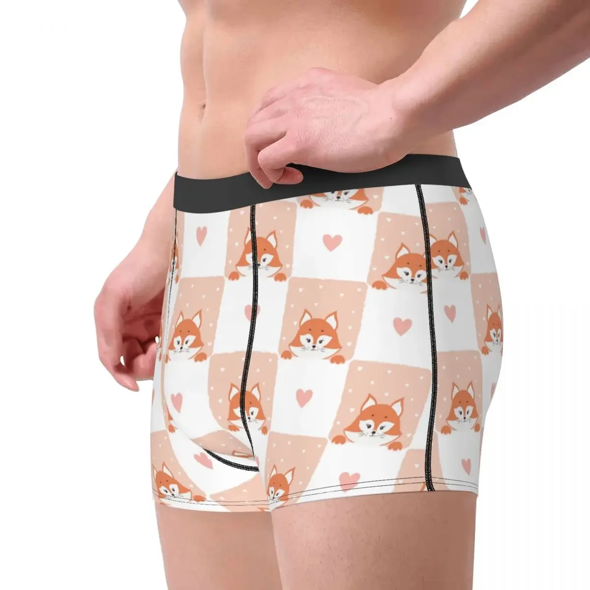 Men Cute Fox Checked Pattern Underwear Cartoon Animal Boxer Briefs Shorts Panties Homme Mid Waist Underpants Plus Size