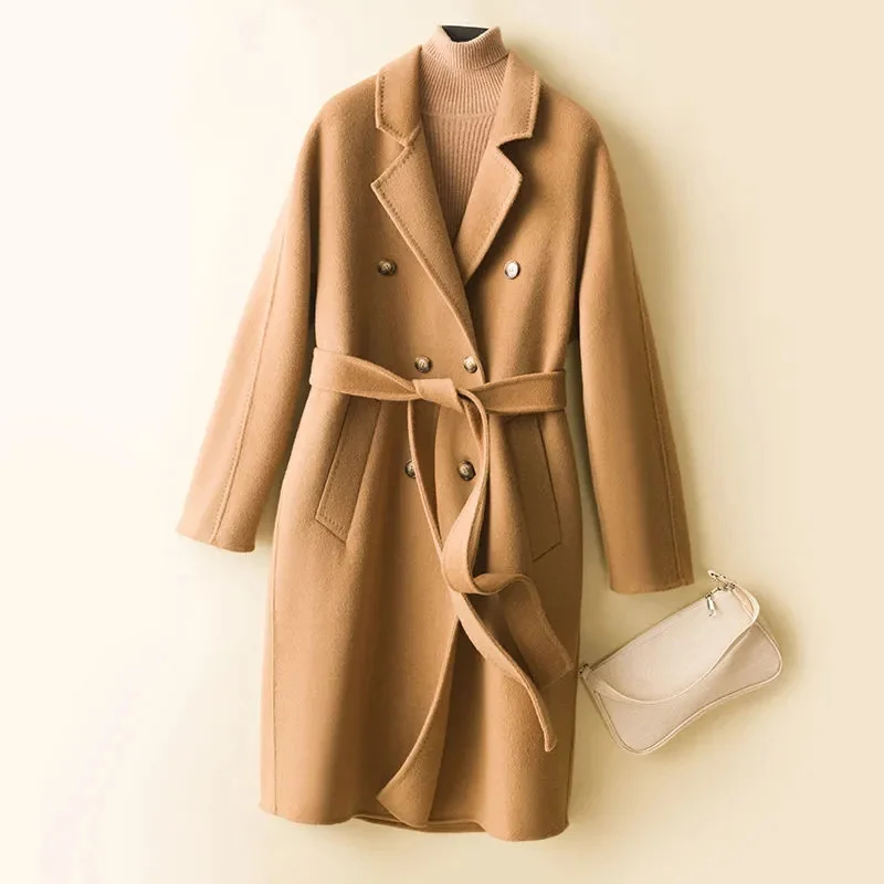 100% Wool Women Coat Autumn Wool Overcoat Winter Warm Double-sided Cashmere Long Coats Lady Double Breasted Belt 2025