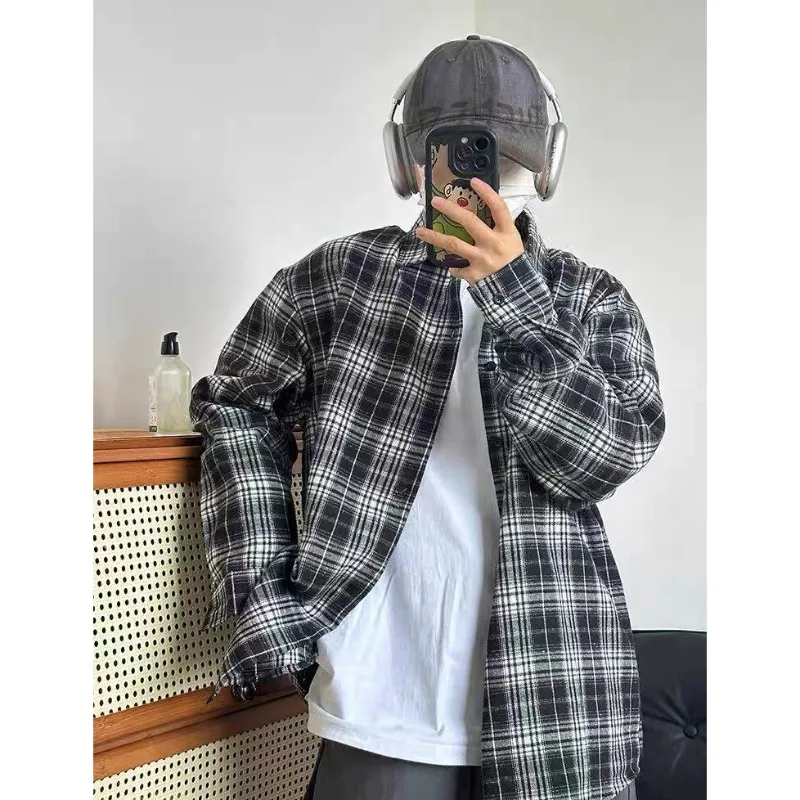 

Men's American Retro Black White Plaid Shirt Oversized Loose Fit Casual Top