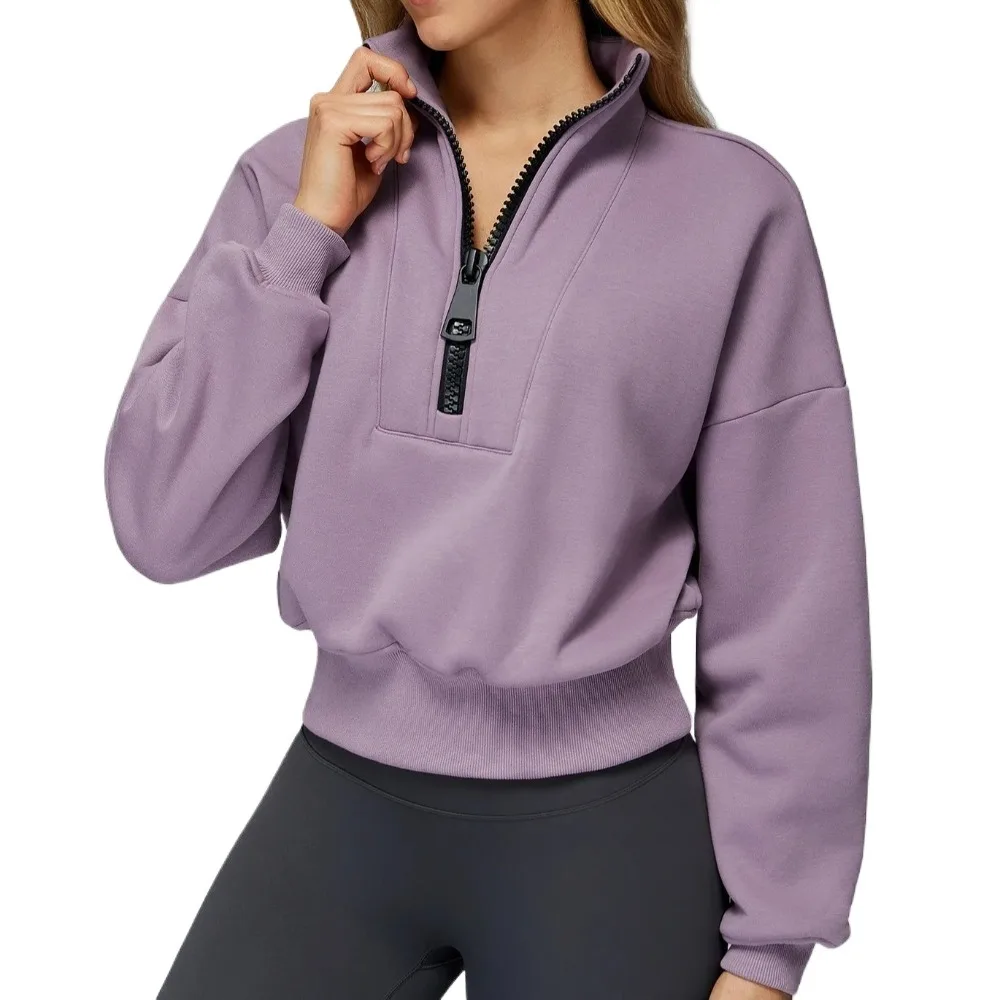 

Зимние теплые флисовые спортивные толстовки с воротником-стойкой, полумолния, куртки для йоги, женские свободные ветрозащитные толстовки с высокой эластичной резинкой на талии