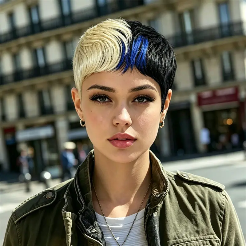

Short Pixie Cut Wig for girls Black Blonde Blue Ombre Full Machine Made Wig With Bangs Soft Smooth For Women Cosplay Daily Use