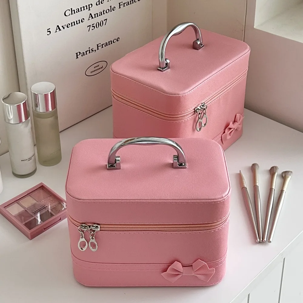 Bowknot Cosmetic Bag Large Capacity Solid Color PU Handheld Makeup Box Lovely Travel Bag