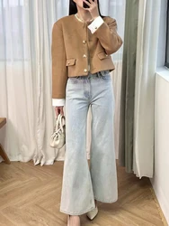 2024 Autumn New Fashion Cuffs Splicing Short Jacket Women Elegant Single Breasted Casual O-Neck Long Sleeve Coat Ladies