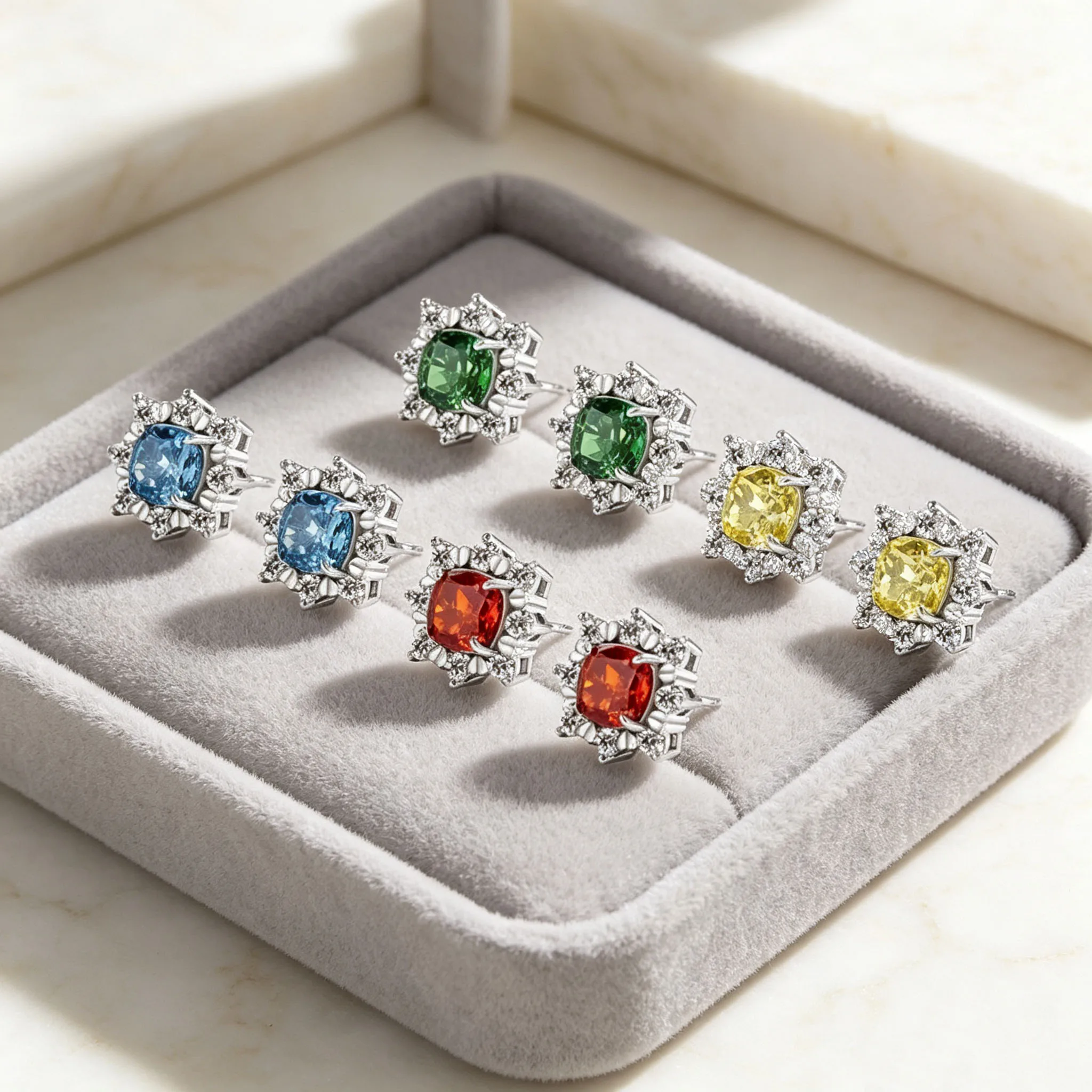 925 Sterling Silver Ice Flower Colored Gemstone Sunflower Stud Earrings Ultra-Shiny Ear Accessories