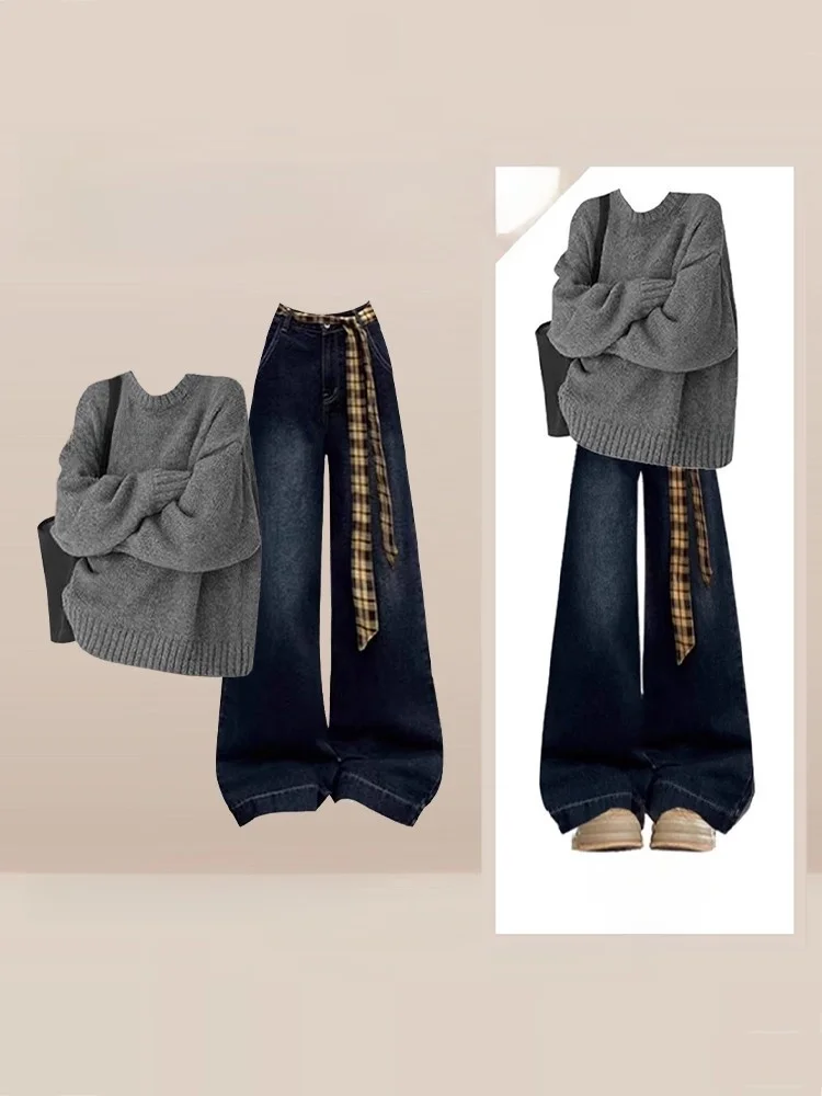 Ay Hong Kong Sle sirène tricoté Pull taille haute jambe large jean deux pièces Ensemble femmes hiver décontracté Faion Ensemble