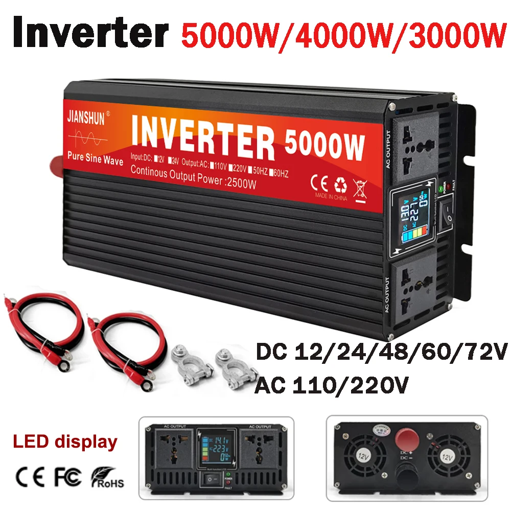 Pure Sine Wave Inverter 3000W 4000W 5000W Double Socket LCD Display DC 12V 24V To AC 220V Voltage Converter Power Supply