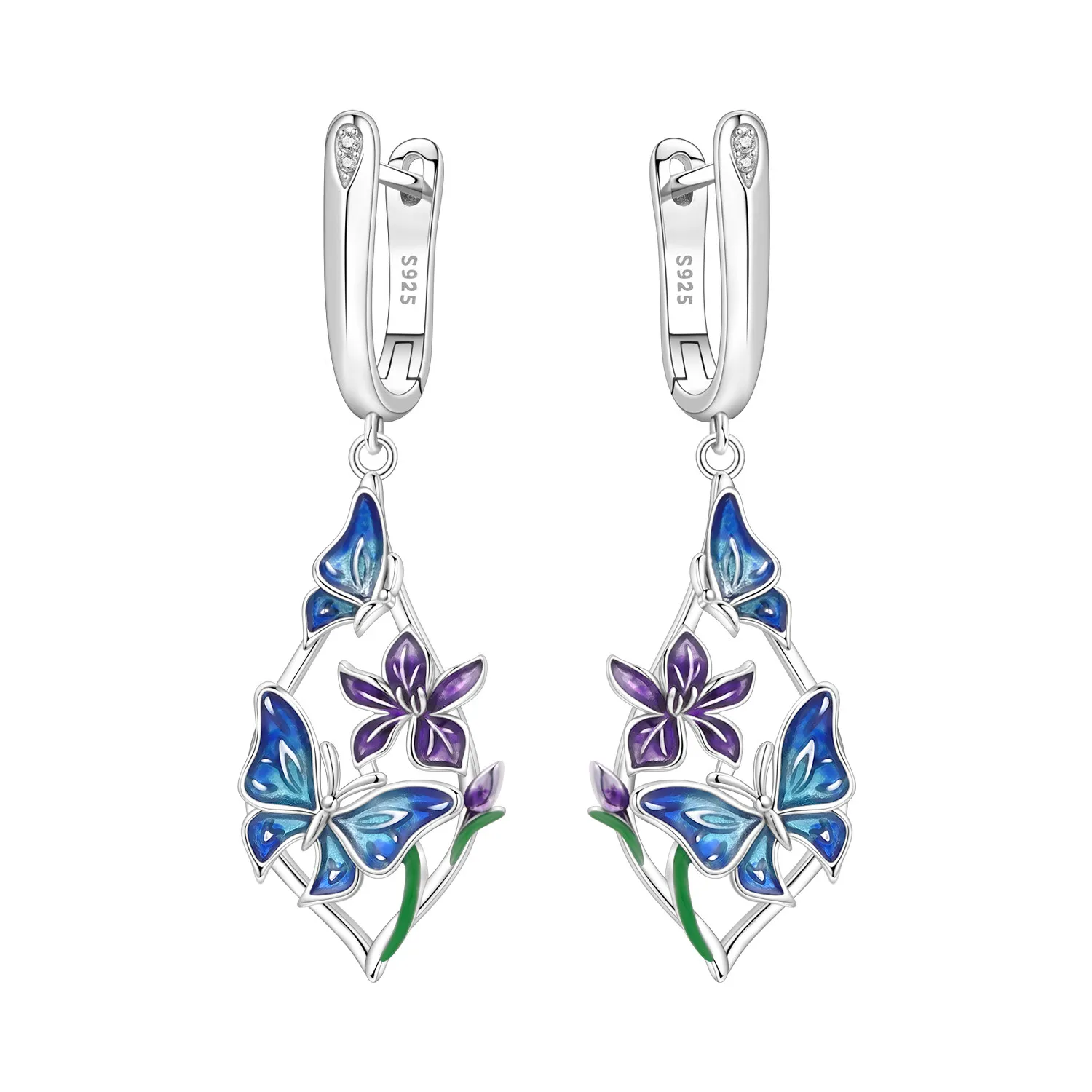 PANPOKI 925 Sterling Silber Blauer Schmetterling Blumen-Tropfenohrringe Damen Ohrringe Party Original Schmuck Geburtstag Hochzeitsgeschenke
