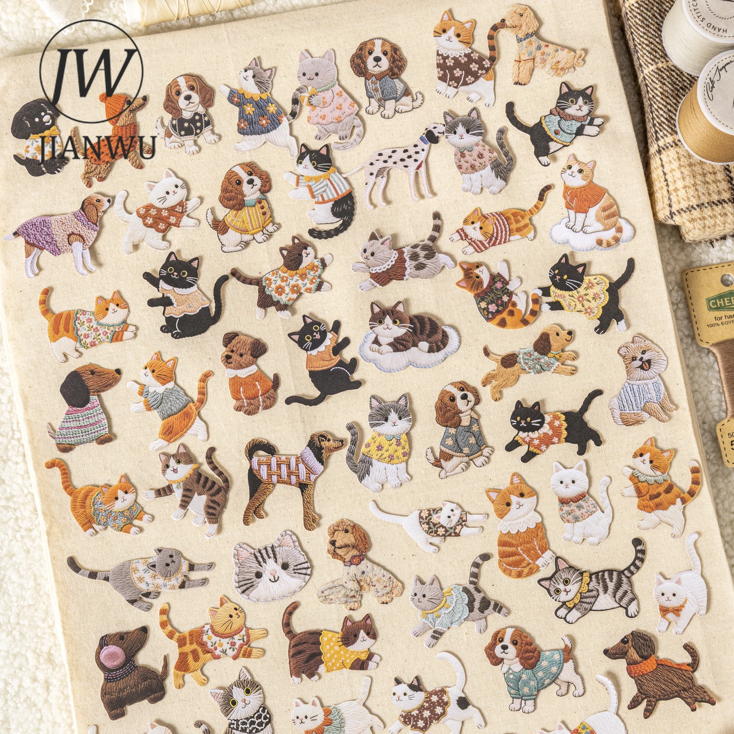 JIANWU 퍼지 자수 귀여운 시리즈 카와이 고양이 강아지 펫 풍경 소재 콜라주 스티커 창의적인 DIY 저널 문구류