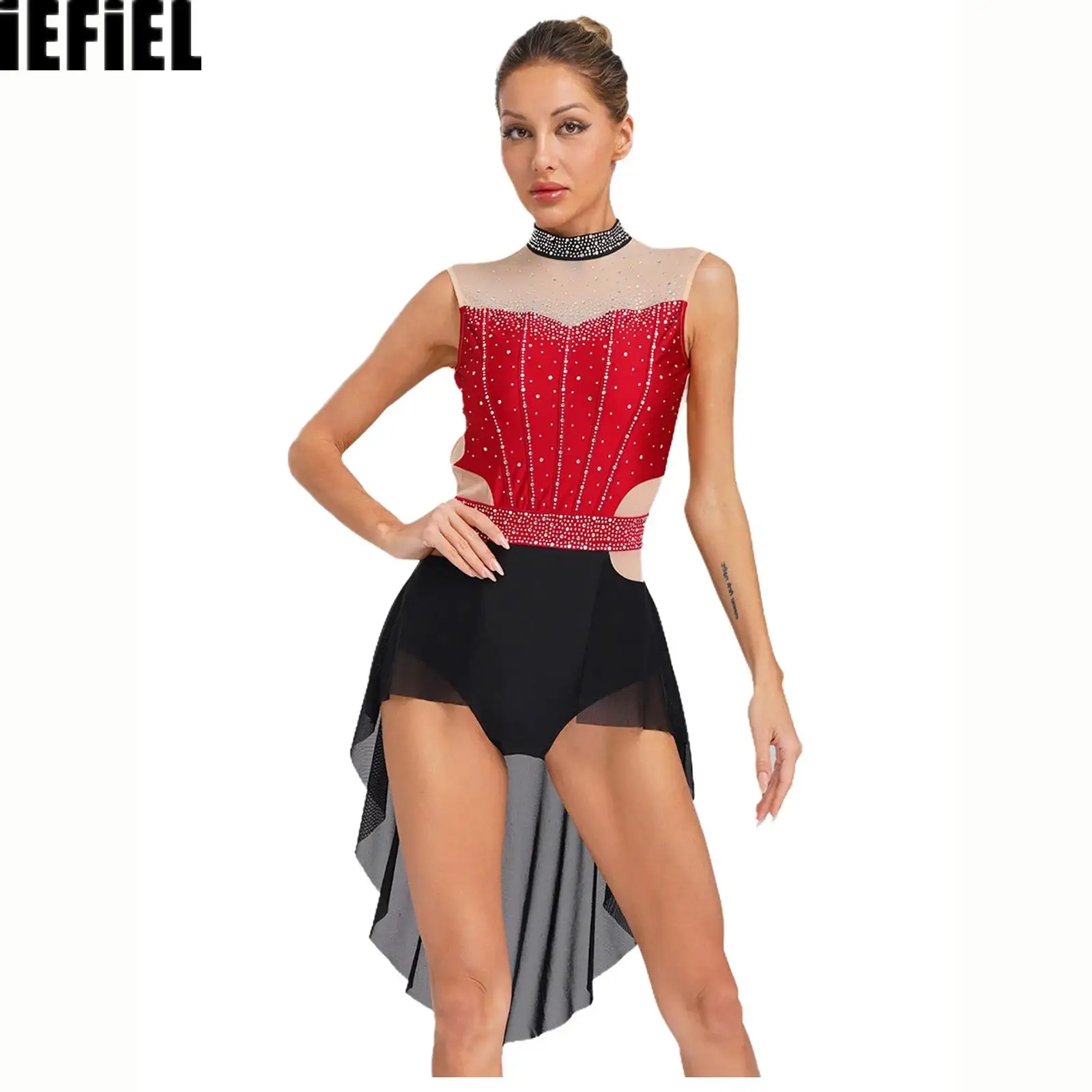 Abito da ballo jazz lirico da donna, collo a lupetto, senza maniche, senza schienale, strass lucidi, body con gonna patchwork in rete a blocchi di colore