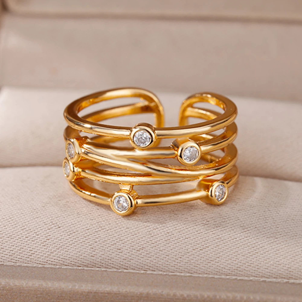 Zircon Multilayer Rings For Women Gold Color Stainless Steel Open Wide Engagement Wedding Ring Female Finger Jewelry 2024 New