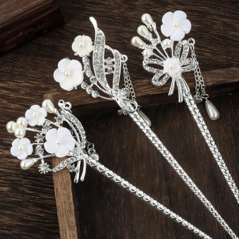 New Rhinestone Flower Hair Stick for Women Vintage Crystal Hair Pins Jewelry with Party Girls Fashion Pearl Flower Hairpins