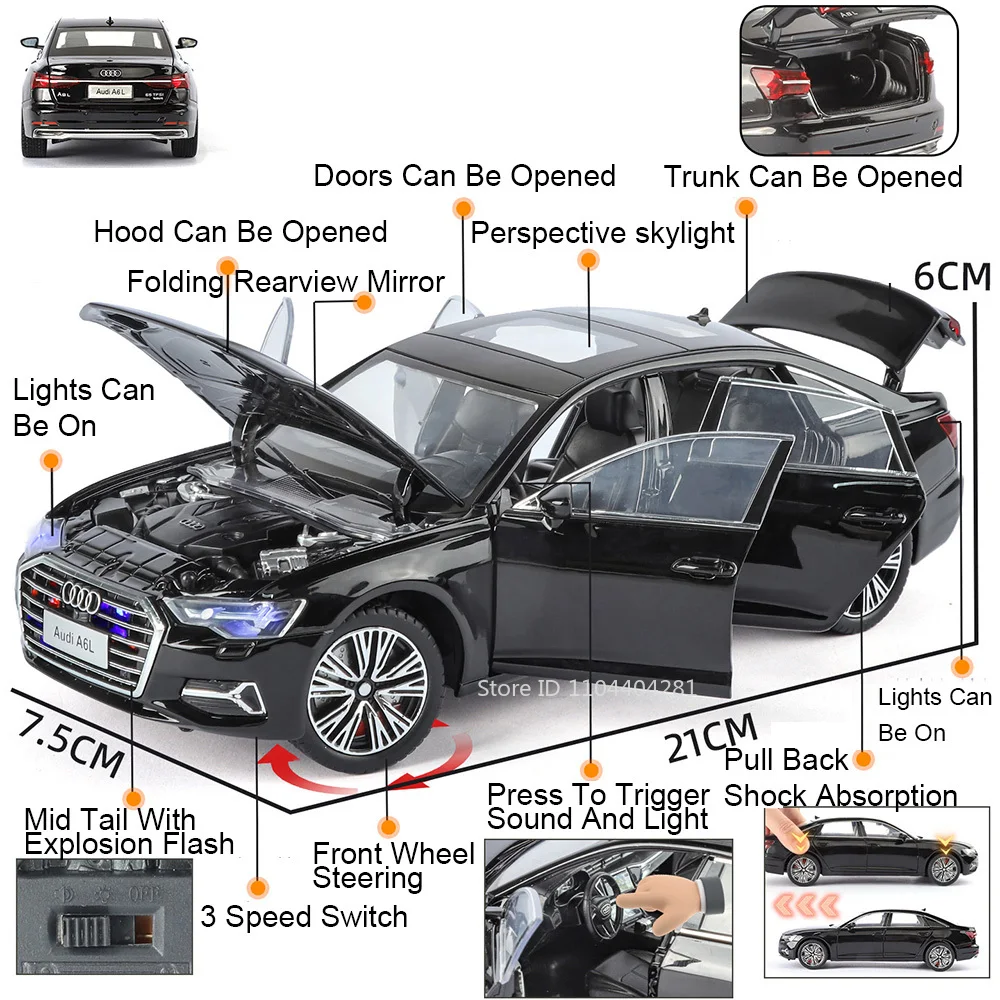 Coche de aleación R8 LMS GT2 A6L 1:24, modelo fundido a presión, juguetes, sonido, luz, vehículos en miniatura, puertas, coches abiertos, regalos para niños