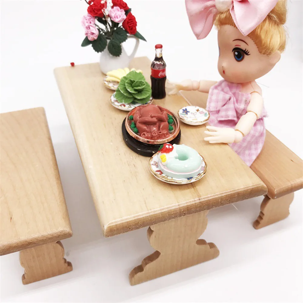 Wood Simulation Dining Table Chair Simulation Toy  Living Room Toy Doll House Accessories 1/12 Mini Dollhouse Furniture Toy