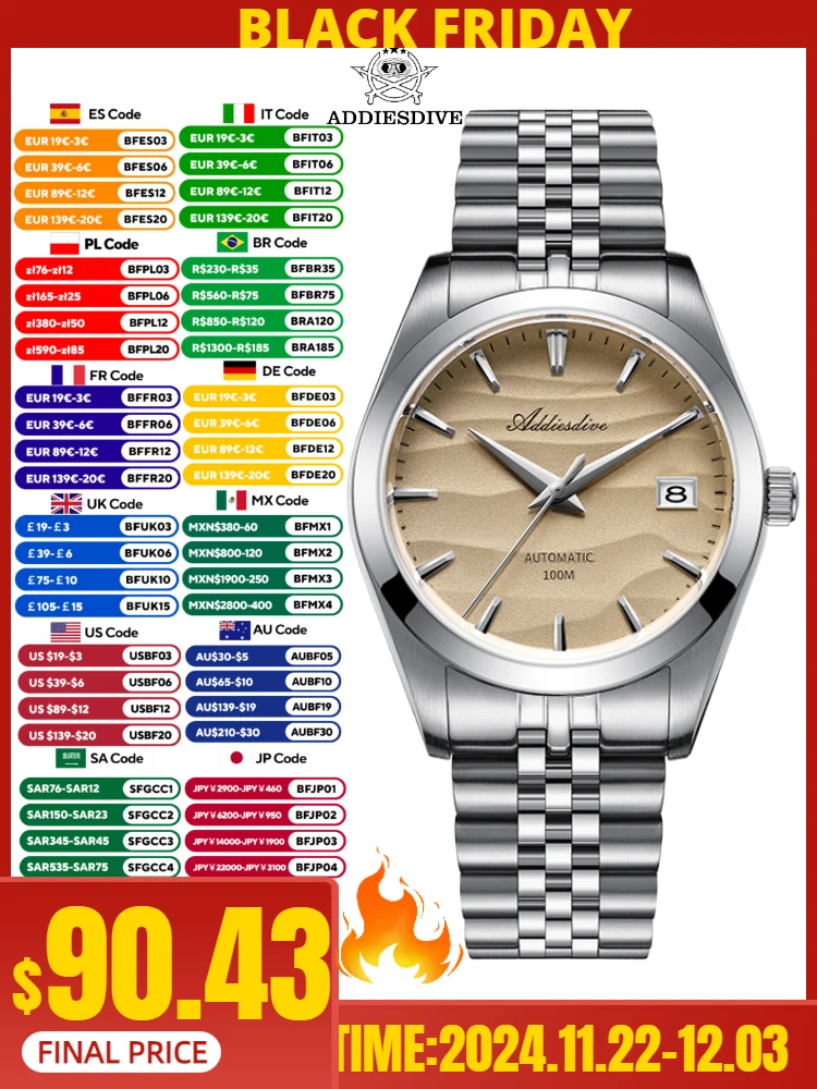 Addiesdive 39mm casal relógio textura do deserto nh35a movimento 10bar à prova dwaterproof água calendário display relógios mecânicos automáticos