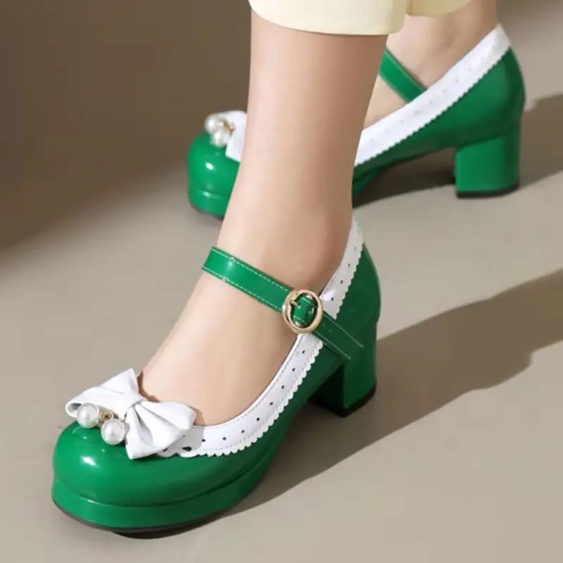 Women's High Heels Pumps Lolita Shoes Big Size 48 Fashion Red Green White Sexy Block Heeled Wedding Dress Dance Shoes Lady
