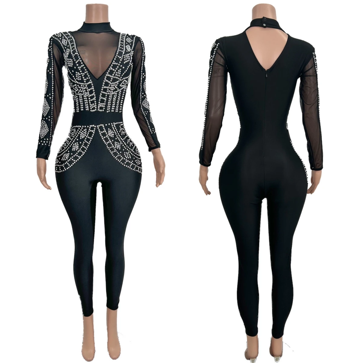 

Сексуальный комбинезон из черного спандекса со стразами для танцев, выступлений в ночном клубе, сценических выступлений, вечеринок и баров, Heiren