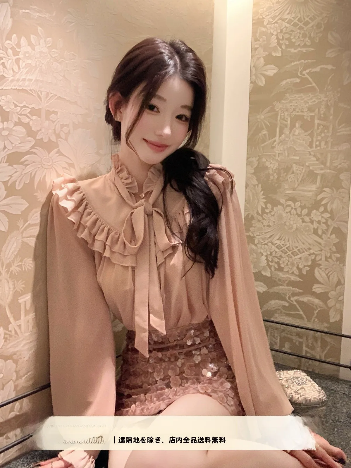 

Romantic Lotus Pink Chiffon Shirt Women's Gentle Style Loose Top Spring Casual Wear Polyester Fiber Long Sleeve Pure Color