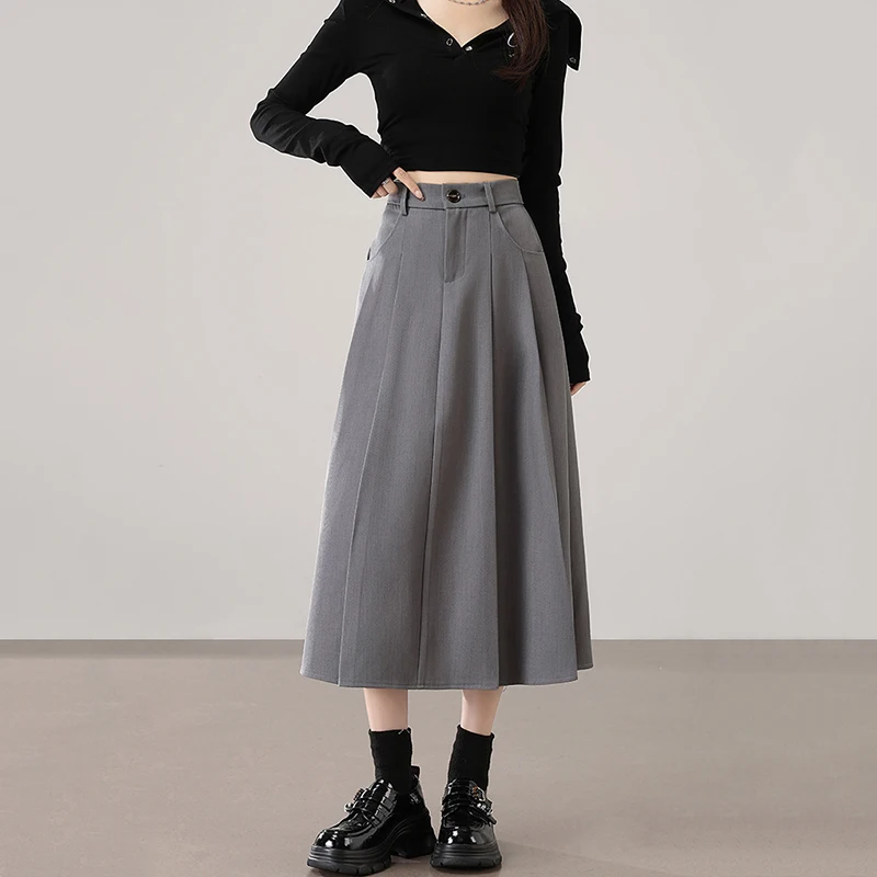 Autumn Winter Suit A Line Skirts Women Korean High Waist Midi Length Pleated Skirt Woman Preppy Style Solid Color Long Skirts