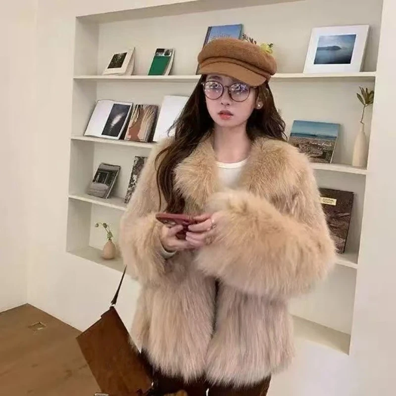 

New Eco-friendly Fox Fur Large Lapel Thickened Fashionable Mid-length Faux Fur Coat Women High-end Fashion Warm Women's Clothing