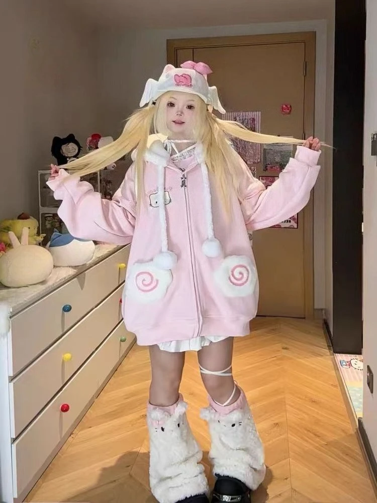 Japanese Kawaii Autumn Hoodies Long Sleeve Pretty Sweet Cartoon Embroidery Coats Harajuku Lovely Loose Lint Sweatshirts 2025 New