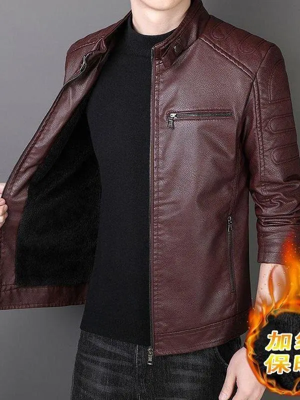 

Men's Fce Lined Slim Fit Leather Jaet Stand Collar Warmth Faionable Long Sve Zipper Closure Double Sided Wear Winte...