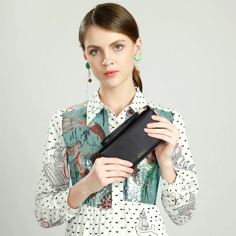 FOXER Dompet Panjang Wanita Dompet Besar Kulit Asli Wanita Dompet Ponsel Tempat Kartu Tempat Paspor