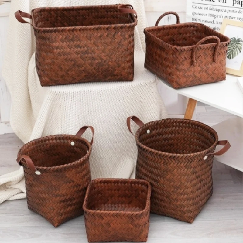 

Rattan-Inspired Storage Basket, Premium American-Style Laundry Hamper, PU Handle Clothes Organizer for Wardrobe Closet