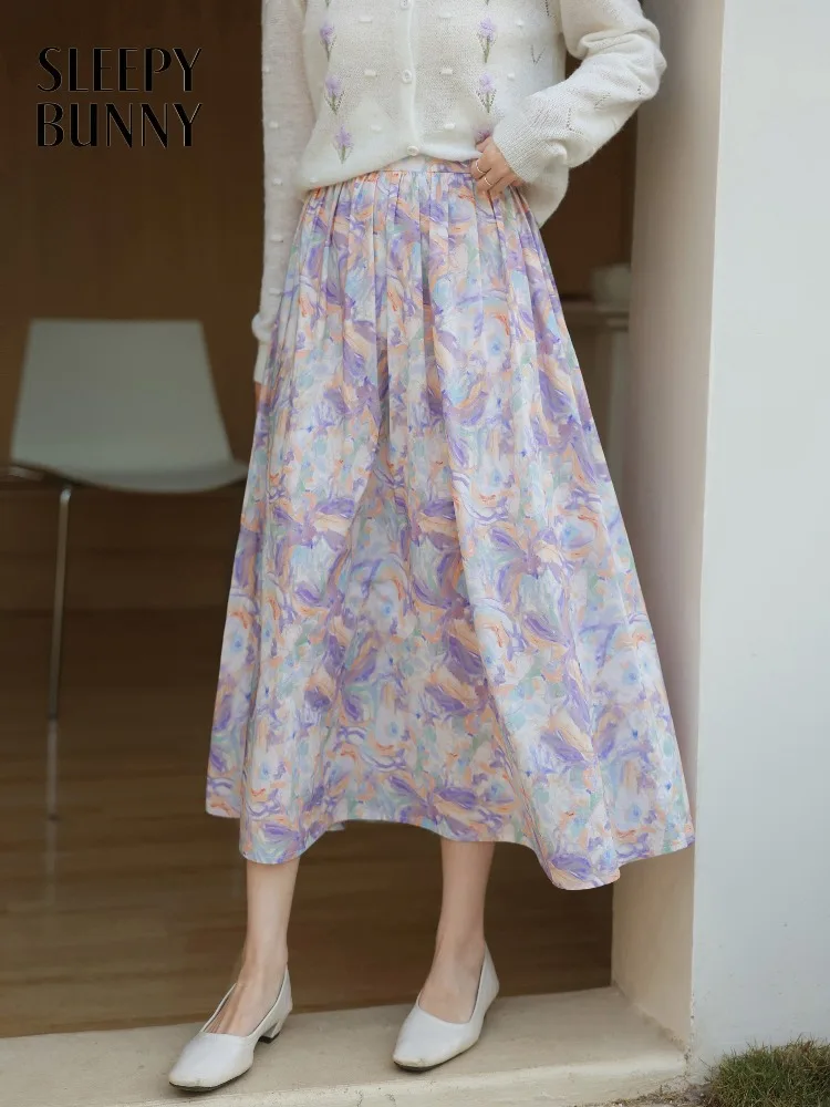 

Vintage Elegant High Waist Floral Skirt Women Oil Painting Print A-Line Midi Skirt Summer Slimming Hip Covering Casual Outfit