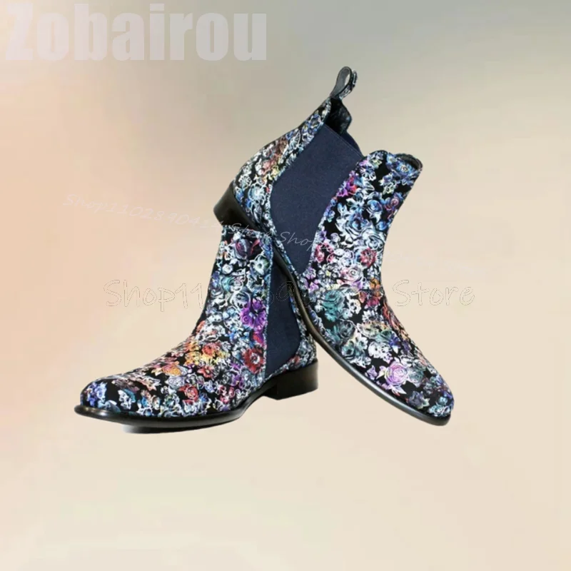 

Blue Denim Colorful Floral Print Ankle Boots Fashion Slip On Men Boots Luxurious Handmade Party Banquet Dating Men Casual Shoes