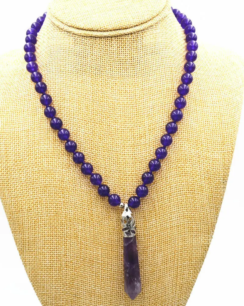 

Long 18" 8mm Natural Amethyst Bead 60x10mm Amethyst Pendant Necklace