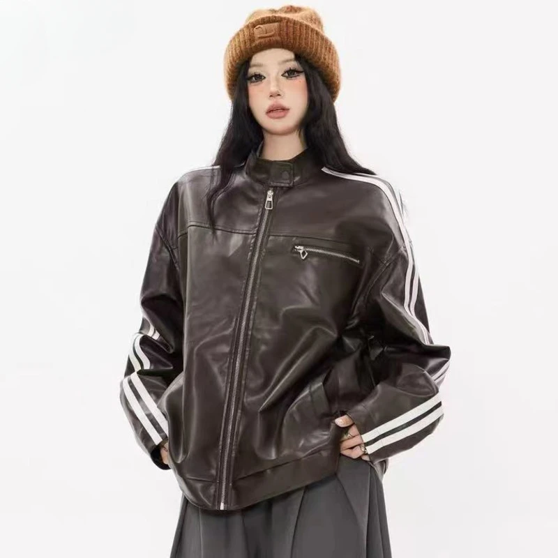 Black Leather Jackets Stripe Women Bomber Varsity Racing Oversized Outwear Fashion Zipper American Vintage Stand Collar Pu Coats