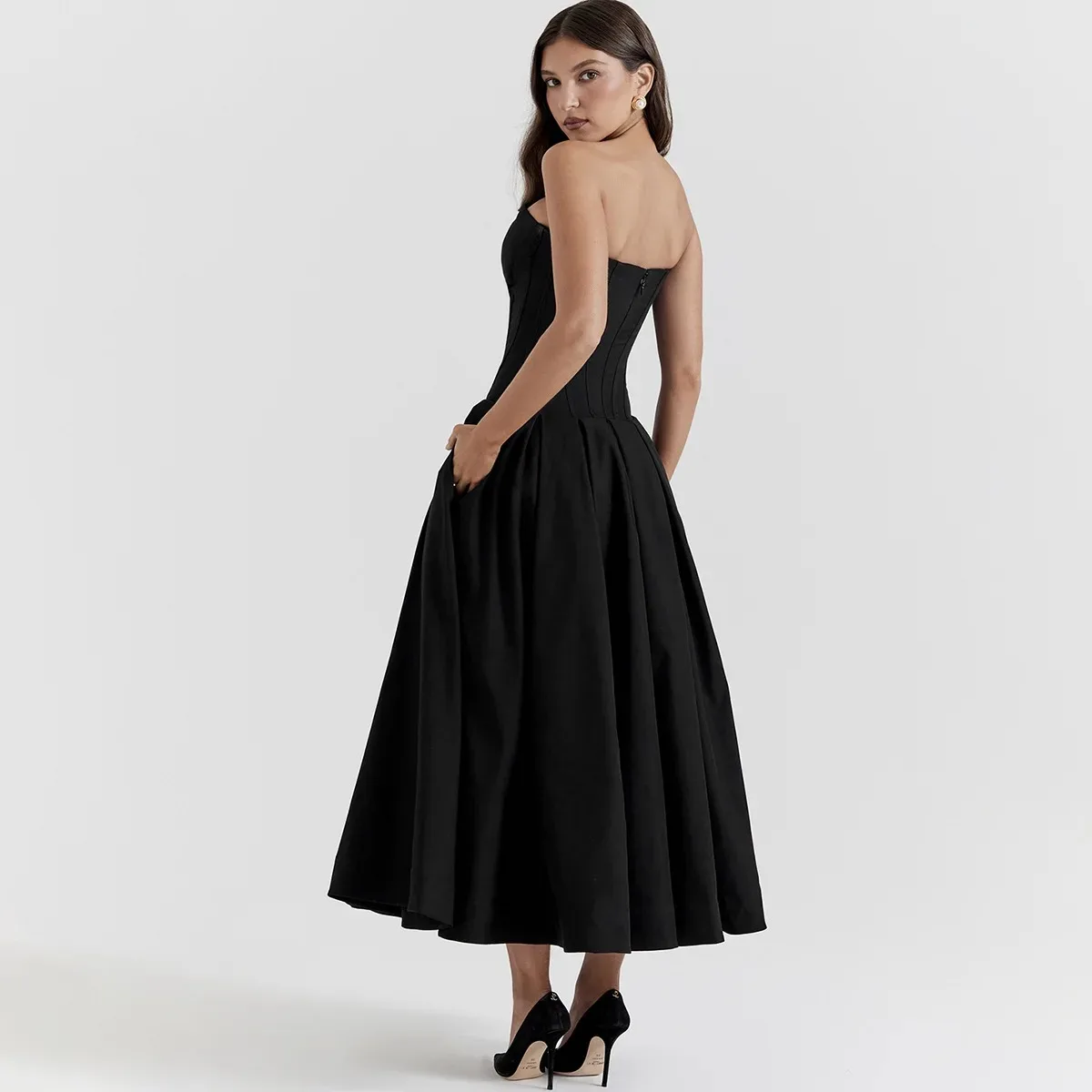 Schwarzes, elegantes Kleid für Hochzeitsveranstaltungen, sexy trägerloses Korsettkleid, Midi-Weihnachtsfeierkleider für Damenbekleidung