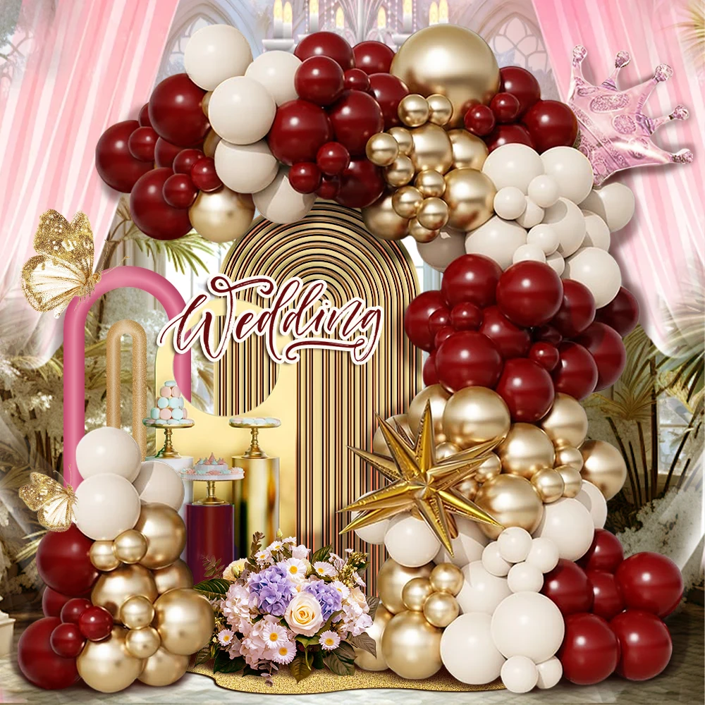 105pcs Burgundy Wedding Themed Balloon Arch Kit, White Burgundy and Gold Balloons with Crown Foil Balloons, Suitable for Wedding