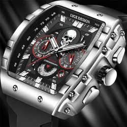 LIGE Mens Watches Creative Skull Quartz Wristwatch Sports Waterproof Silicone Strap Watch for Men Luminous Chronograph Watch Man