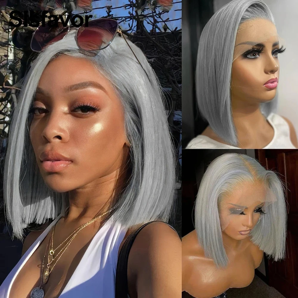 Slsfavor Silver Grey Short Bob 13×4 Lace Frontal Wig Human Hair Wigs For Women Preplucked Transparent Lace Frontal Wig 150%