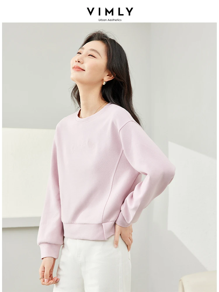 Vimly Lazy Style O-neck Pink Short Women\'s Sweatshirt 2024 Spring Straight Loose Solid Pullovers Long Sleeve Top for Woman M6550